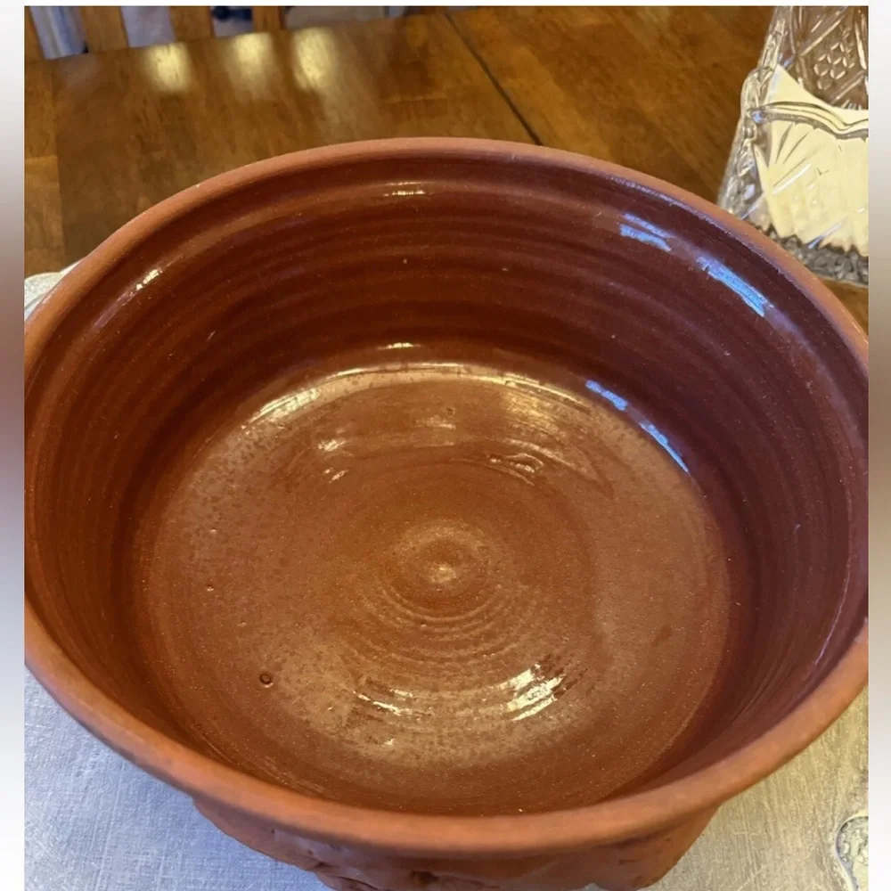 Signed Hand Thrown Studio Art Pottery Terracotta Dog Food Bowl Dish Glaze XL